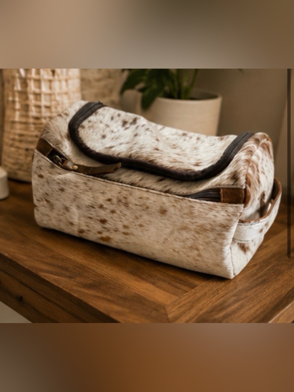 Speckled Cowhide Toiletry Bag in Brown & White - Picture 2 of 8